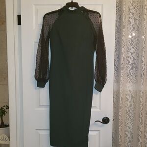 Elegant Green Long Sleeve Dress with Sheer Polka Dot Sleeves